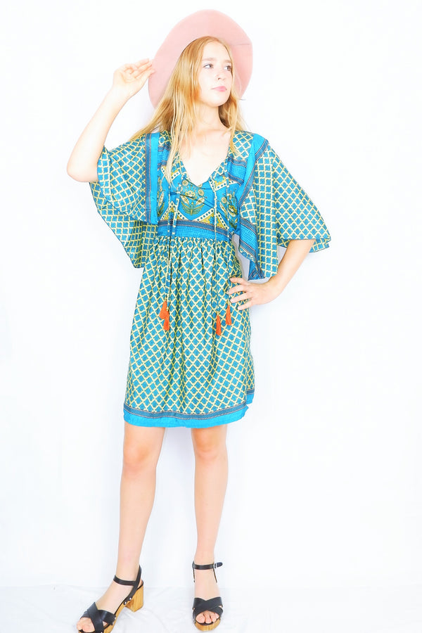 Angelica Mini Angel Sleeve Kaftan - Teal & Sand Floral Motif - Free Size M/L