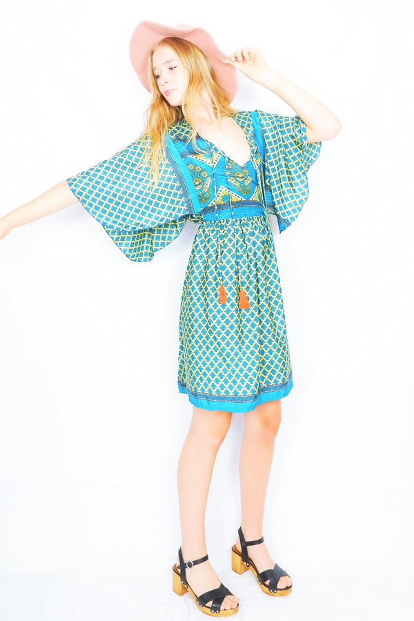 Angelica Mini Angel Sleeve Kaftan - Teal & Sand Floral Motif - Free Size M/L