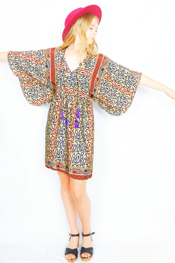 Angelica Mini Angel Sleeve Kaftan - Sand, Sapphire & Ruby Paisley - Free Size M/L