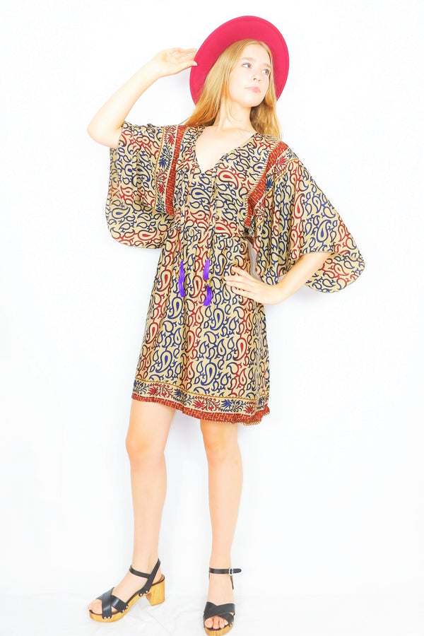 Angelica Mini Angel Sleeve Kaftan - Sand, Sapphire & Ruby Paisley - Free Size M/L