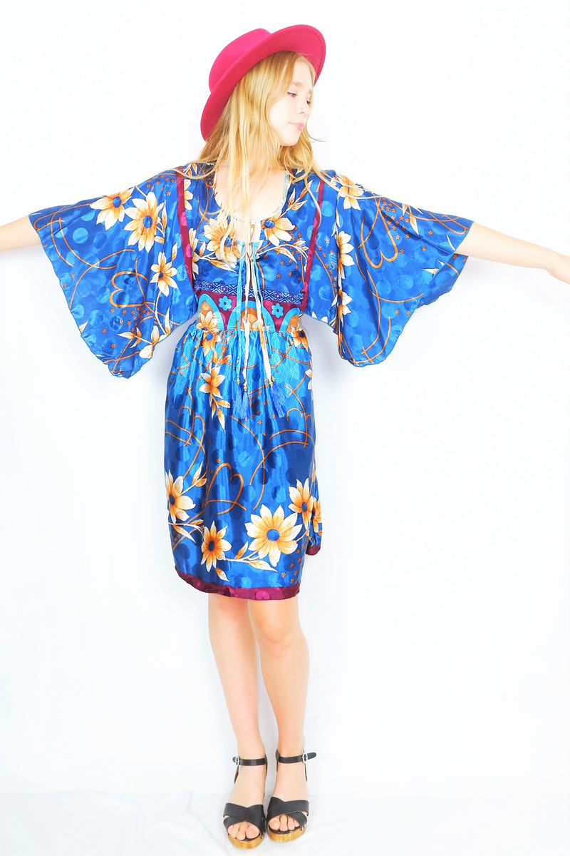 Angelica Mini Angel Sleeve Kaftan - Teal, Plum & Brass Floral Shimmer - Free Size L/XL