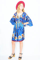 Angelica Mini Angel Sleeve Kaftan - Teal, Plum & Brass Floral Shimmer - Free Size L/XL