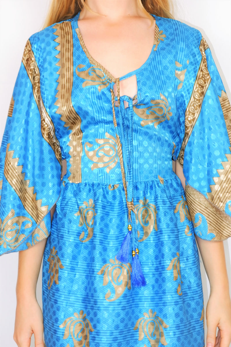 Angelica Mini Angel Sleeve Kaftan - Cerulean & Sandcastle Paisley Shimmer - Free Size L/XL
