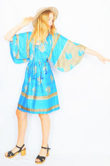 Angelica Mini Angel Sleeve Kaftan - Cerulean & Sandcastle Paisley Shimmer - Free Size L/XL