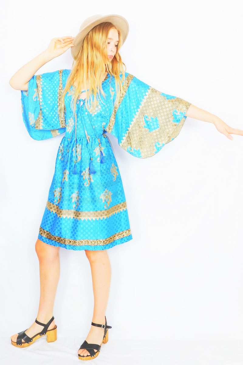 Angelica Mini Angel Sleeve Kaftan - Cerulean & Sandcastle Paisley Shimmer - Free Size L/XL