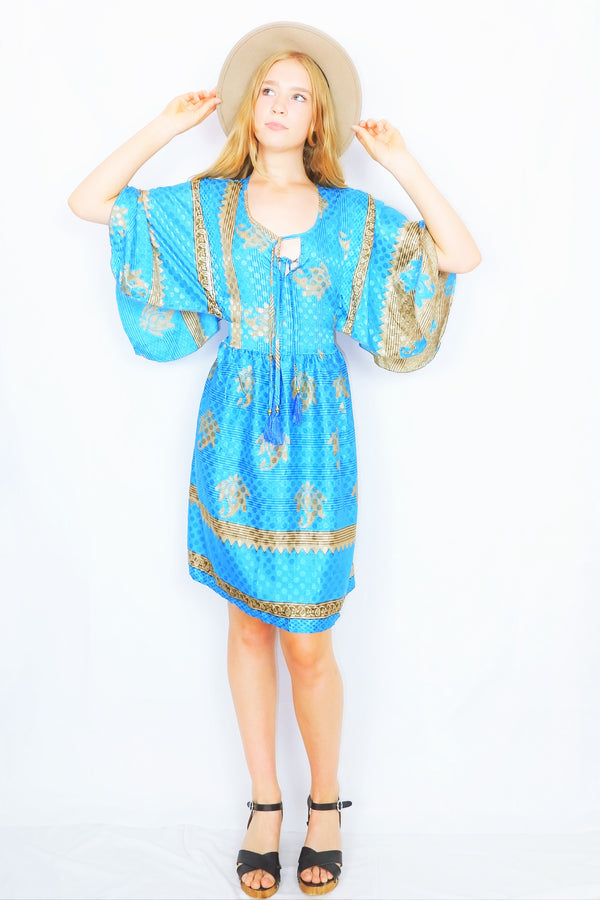 Angelica Mini Angel Sleeve Kaftan - Cerulean & Sandcastle Paisley Shimmer - Free Size L/XL