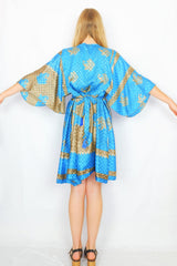 Angelica Mini Angel Sleeve Kaftan - Cerulean & Sandcastle Paisley Shimmer - Free Size L/XL