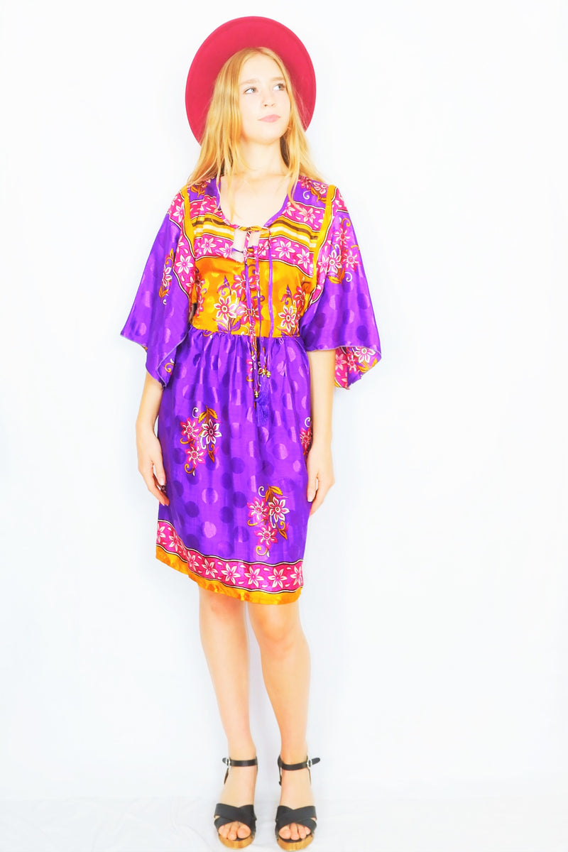 Angelica Mini Angel Sleeve Kaftan - Bright Purple, Gold & Magenta Floral Shimmer - Free Size L/XL