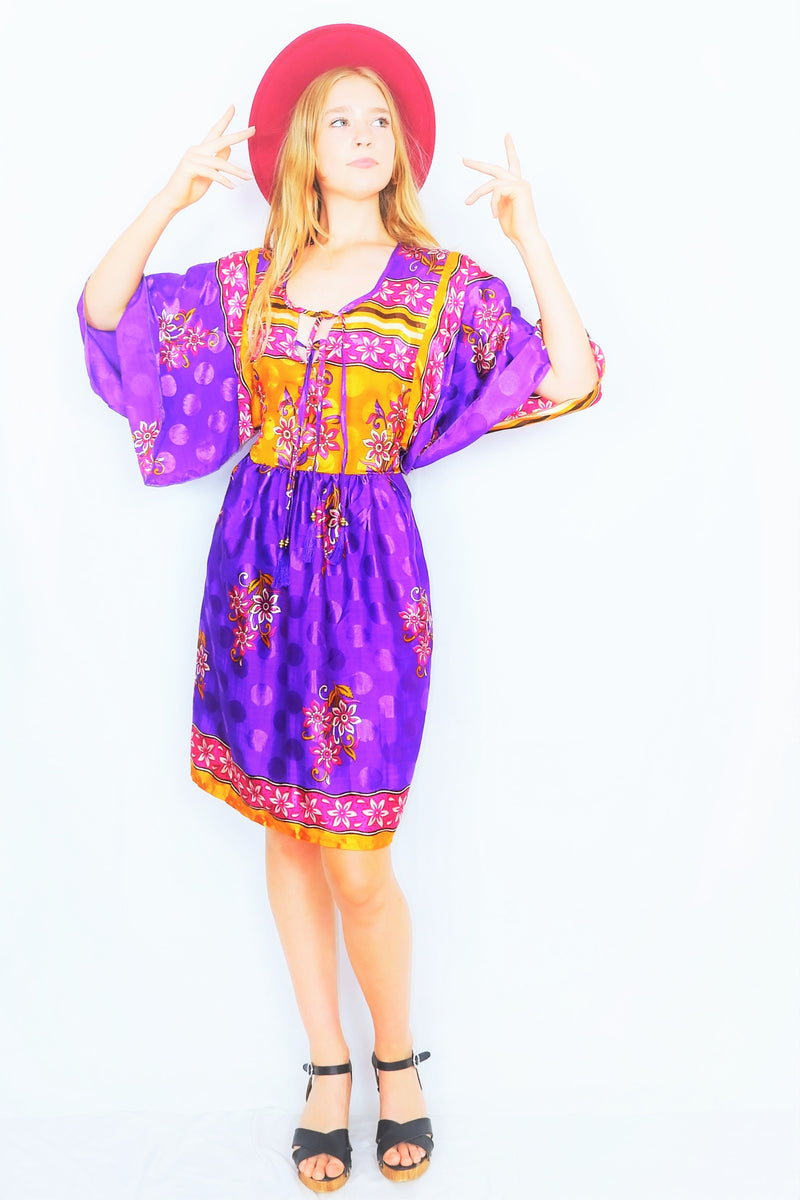 Angelica Mini Angel Sleeve Kaftan - Bright Purple, Gold & Magenta Floral Shimmer - Free Size L/XL