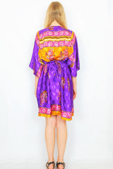Angelica Mini Angel Sleeve Kaftan - Bright Purple, Gold & Magenta Floral Shimmer - Free Size L/XL