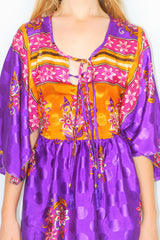 Angelica Mini Angel Sleeve Kaftan - Bright Purple, Gold & Magenta Floral Shimmer - Free Size L/XL