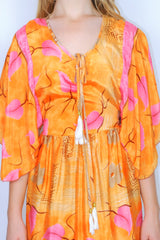Angelica Mini Angel Sleeve Kaftan - Cantaloupe & Baby Pink Falling Leaves - Free Size S/M