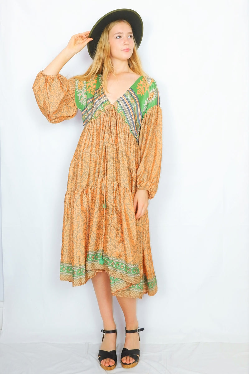 Gypsophila Midi Dress - Vintage Indian Sari - Prussian, Tango & Ruby Floral - Free Size M/L