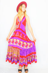 Cherry Maxi Dress - Vintage Indian Sari - Bright Red, Violet & Sand Floral - Free Size