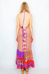 Cherry Maxi Dress - Vintage Indian Sari - Bright Red, Violet & Sand Floral - Free Size