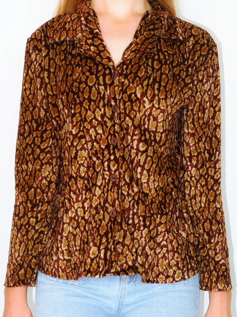 70's Vintage Velvet Shirt - Bronze Cheetah Print - Size S/M