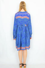 Joplin Frill Dress - Vintage Indian Sari - Deep Blue, Pistachio & Rose Floral Paisley - S/M