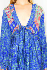 Joplin Frill Dress - Vintage Indian Sari - Deep Blue, Pistachio & Rose Floral Paisley - S/M