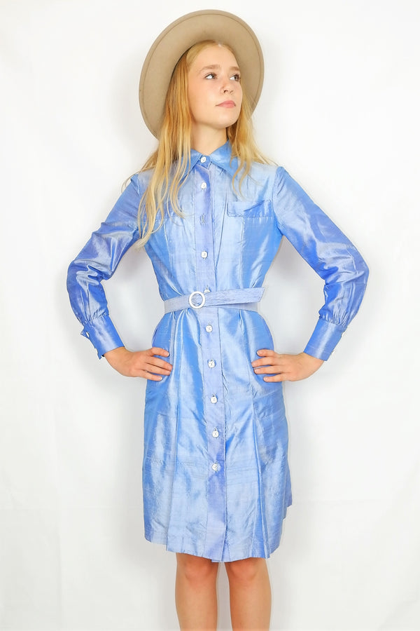 70's Vintage - Shirt Dress - Sky Blue Shine - Size S