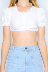 70's Vintage Cropped Shirt - White with Crochet Frills - Size XXS/XS