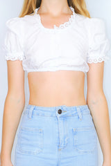 70's Vintage Cropped Shirt - White with Crochet Frills - Size XXS/XS