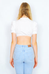 70's Vintage Cropped Shirt - White with Crochet Frills - Size XXS/XS