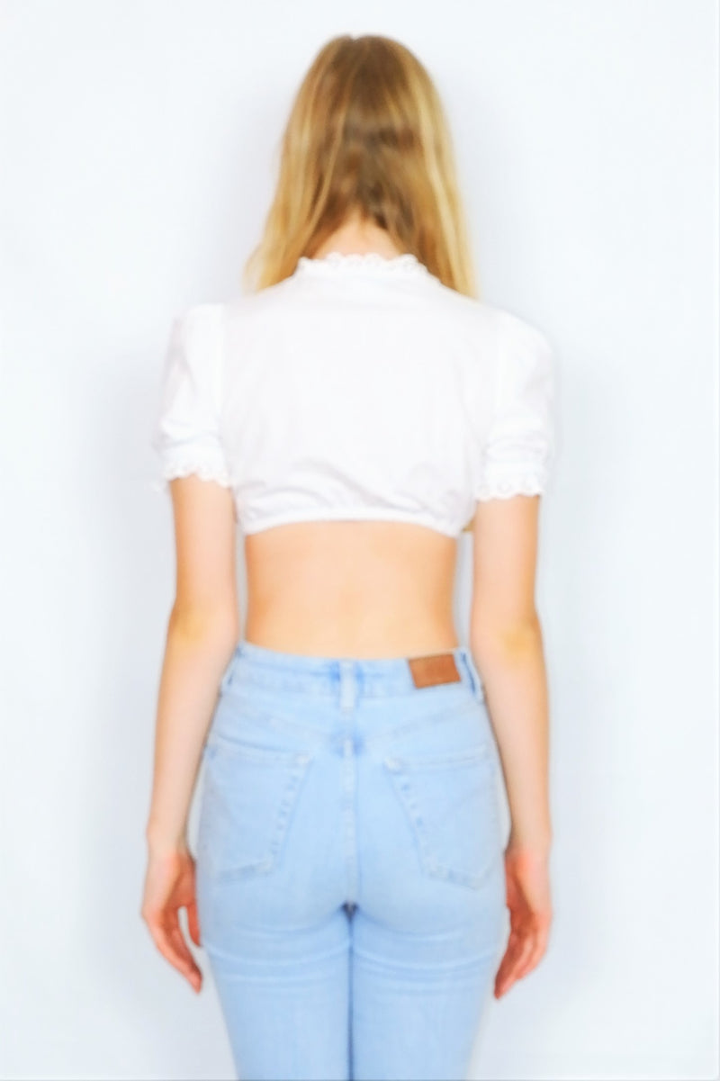 70's Vintage Cropped Shirt - White with Crochet Frills - Size XXS/XS