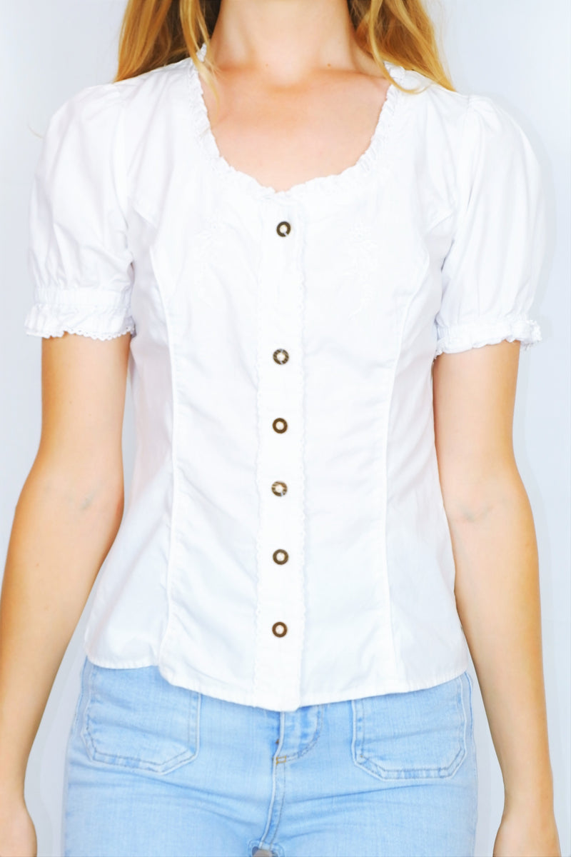 70's Vintage Blouse - Crisp White with Floral Embroidery - Size XS