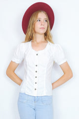 70's Vintage Blouse - Crisp White with Floral Embroidery - Size XS