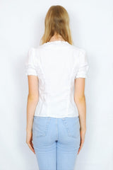 70's Vintage Blouse - Crisp White with Floral Embroidery - Size XS