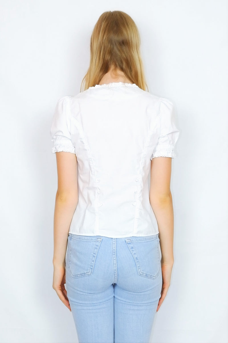 70's Vintage Blouse - Crisp White with Floral Embroidery - Size XS