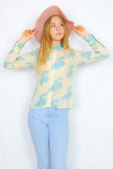 70's Vintage Shirt - Pale Pistachio with an Illustrated Lady Print - Size S/M