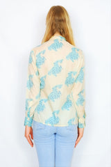 70's Vintage Shirt - Pale Pistachio with an Illustrated Lady Print - Size S/M