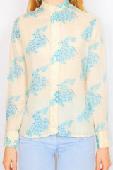70's Vintage Shirt - Pale Pistachio with an Illustrated Lady Print - Size S/M