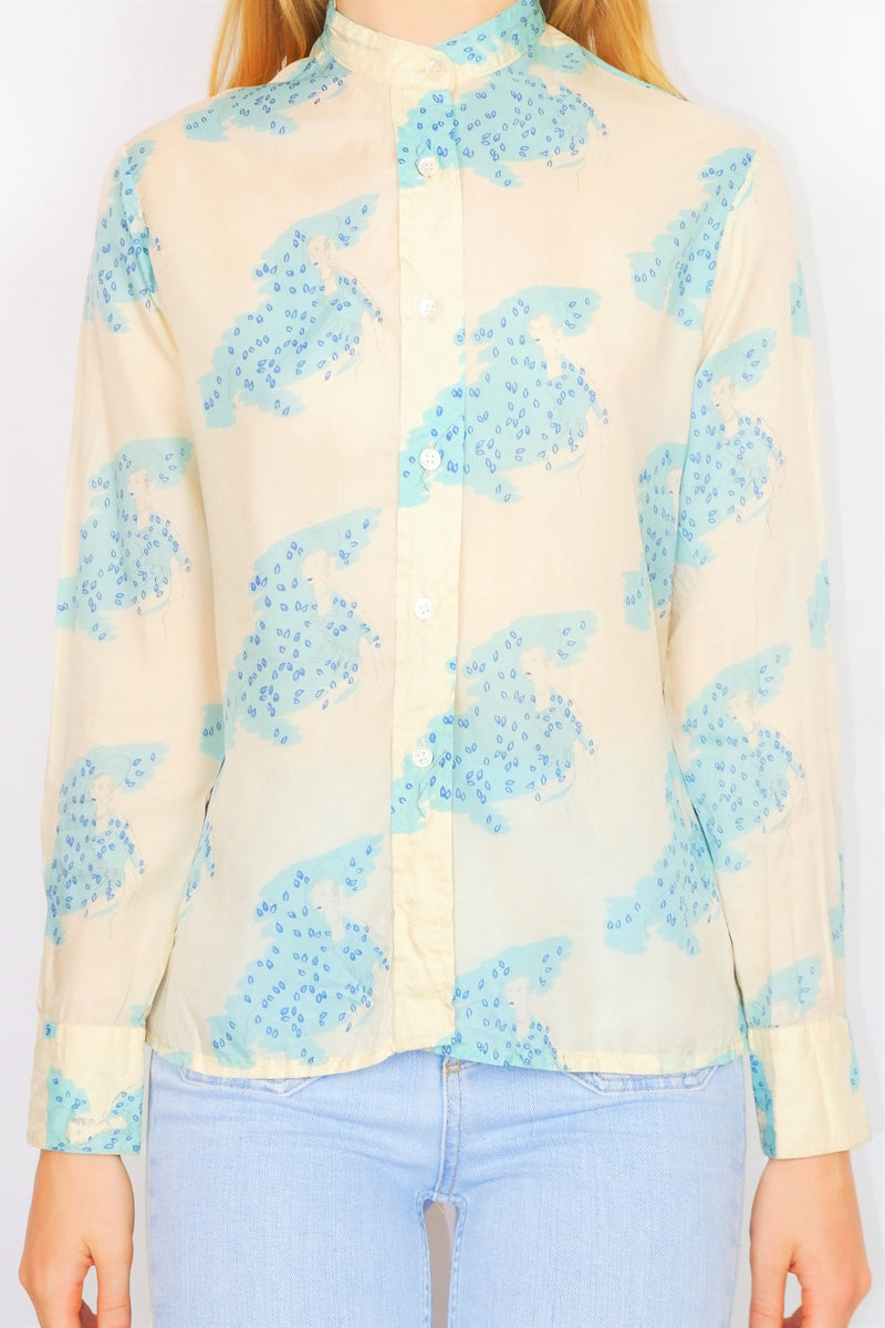 70's Vintage Shirt - Pale Pistachio with an Illustrated Lady Print - Size S/M