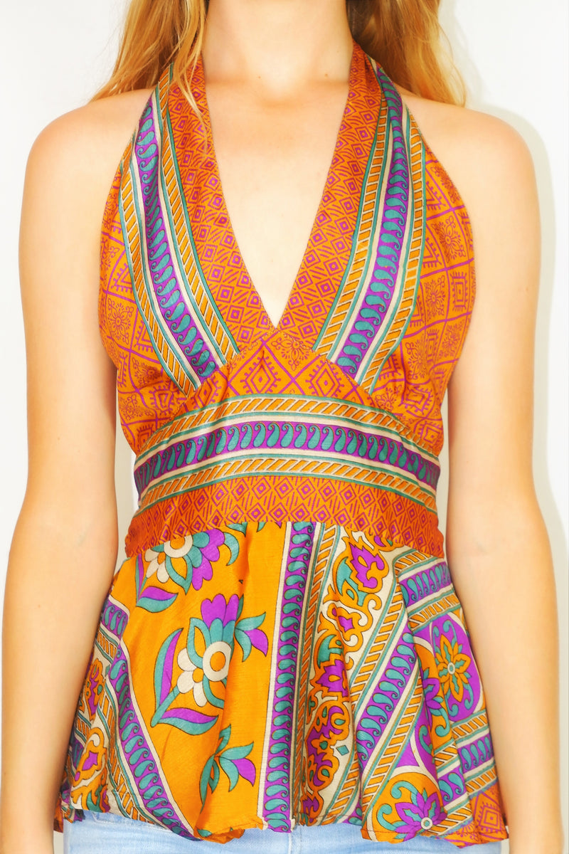 Sydney Halter Top - Vintage Indian Sari - Golden Caramel & Violet Indian Tiles - XS-S