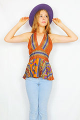 Sydney Halter Top - Vintage Indian Sari - Golden Caramel & Violet Indian Tiles - XS-S