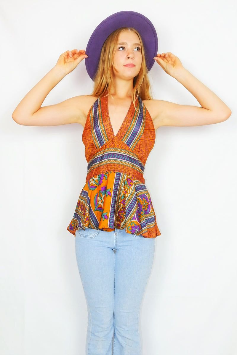 Sydney Halter Top - Vintage Indian Sari - Golden Caramel & Violet Indian Tiles - XS-S
