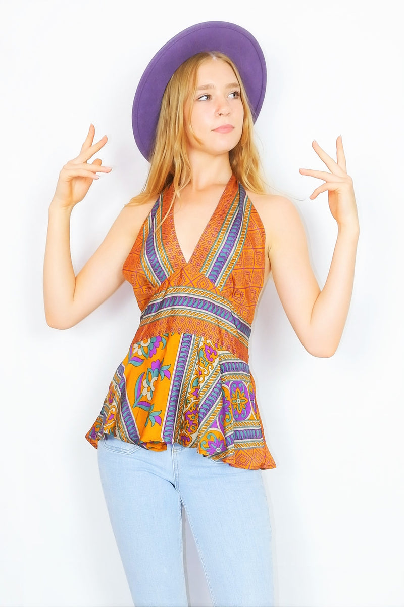 Sydney Halter Top - Vintage Indian Sari - Golden Caramel & Violet Indian Tiles - XS-S
