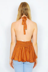 Sydney Halter Top - Vintage Indian Sari - Golden Caramel & Violet Indian Tiles - XS-S