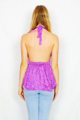 Sydney Halter Top - Vintage Indian Sari - Violet & Fuscia Bold Floral - XS