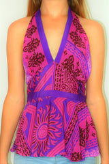Sydney Halter Top - Vintage Indian Sari - Violet & Fuscia Bold Floral - XS
