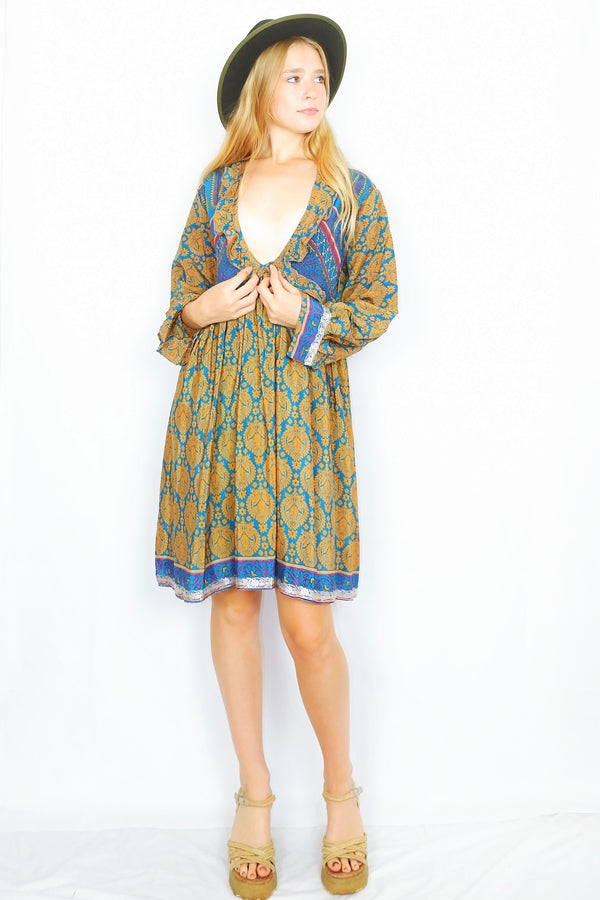 Joplin Frill Dress - Vintage Indian Sari - Teal & Gold Floral Paisley - S/M