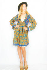 Joplin Frill Dress - Vintage Indian Sari - Teal & Gold Floral Paisley - S/M