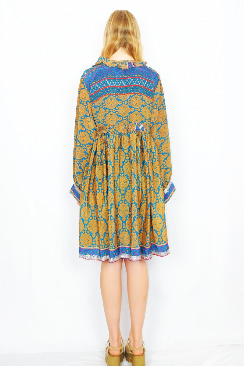 Joplin Frill Dress - Vintage Indian Sari - Teal & Gold Floral Paisley - S/M