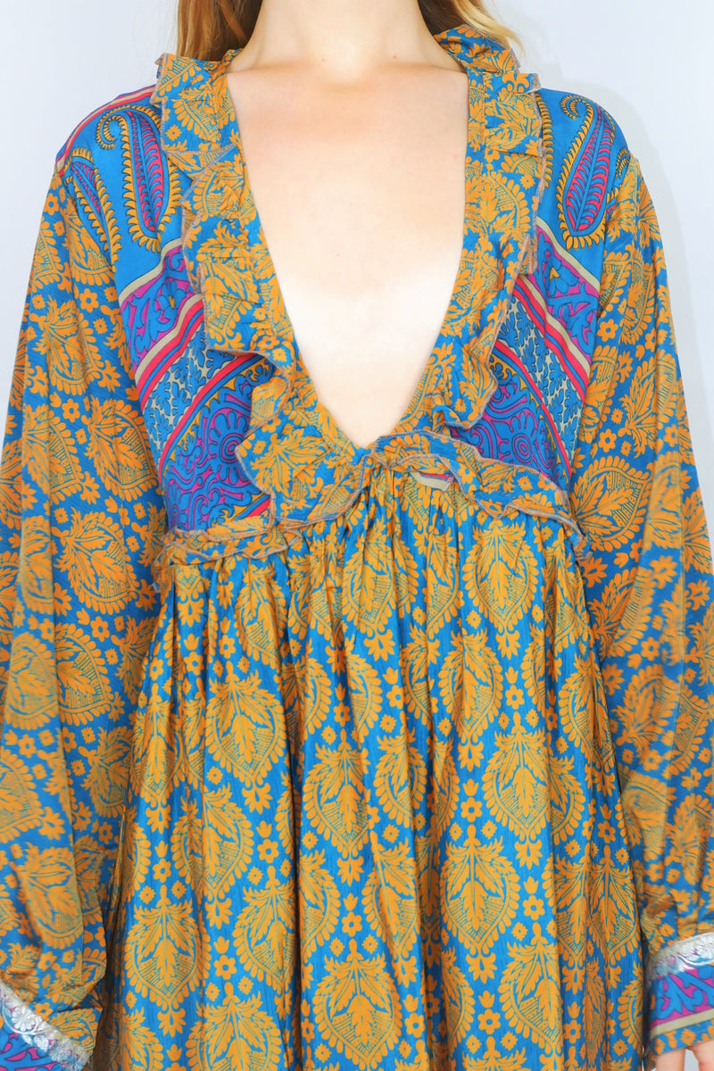 Joplin Frill Dress - Vintage Indian Sari - Teal & Gold Floral Paisley - S/M