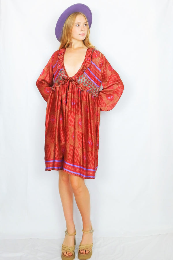 Joplin Frill Dress - Vintage Indian Sari - Raspberry & Antique Gold Patchwork Print - S/M