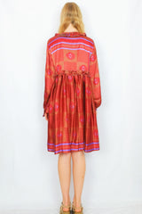 Joplin Frill Dress - Vintage Indian Sari - Raspberry & Antique Gold Patchwork Print - S/M