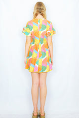 70's Vintage - Floral Frill-Sleeved Mini Dress - Yellow, Bubblegum & Sky Blue - Size XXS