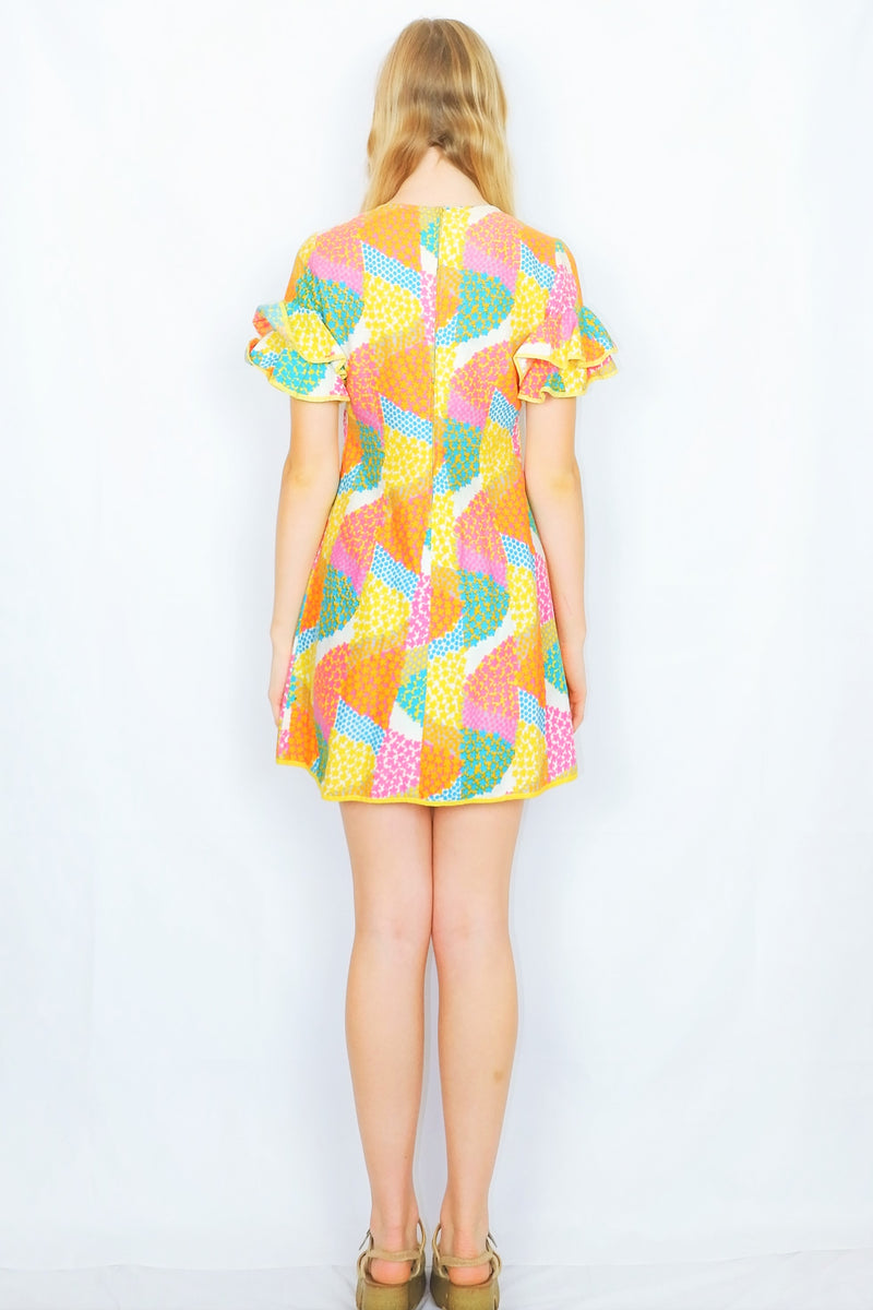 70's Vintage - Floral Frill-Sleeved Mini Dress - Yellow, Bubblegum & Sky Blue - Size XXS